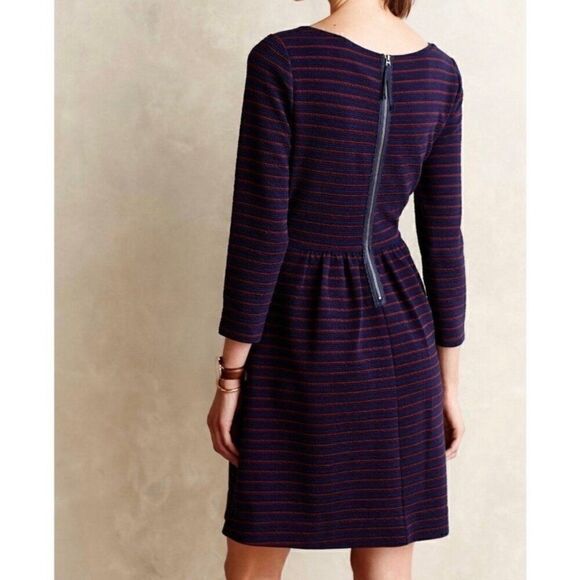 Anthropologie Maeve Navy Blue Striped Brenna Fit Flare Dress Sz 2 - Picture 2 of 13